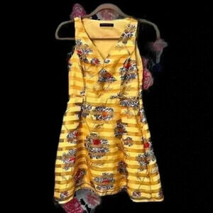 Banana Republic Gold Floral Print Fit and Flare Dress Women's Size‎ 0